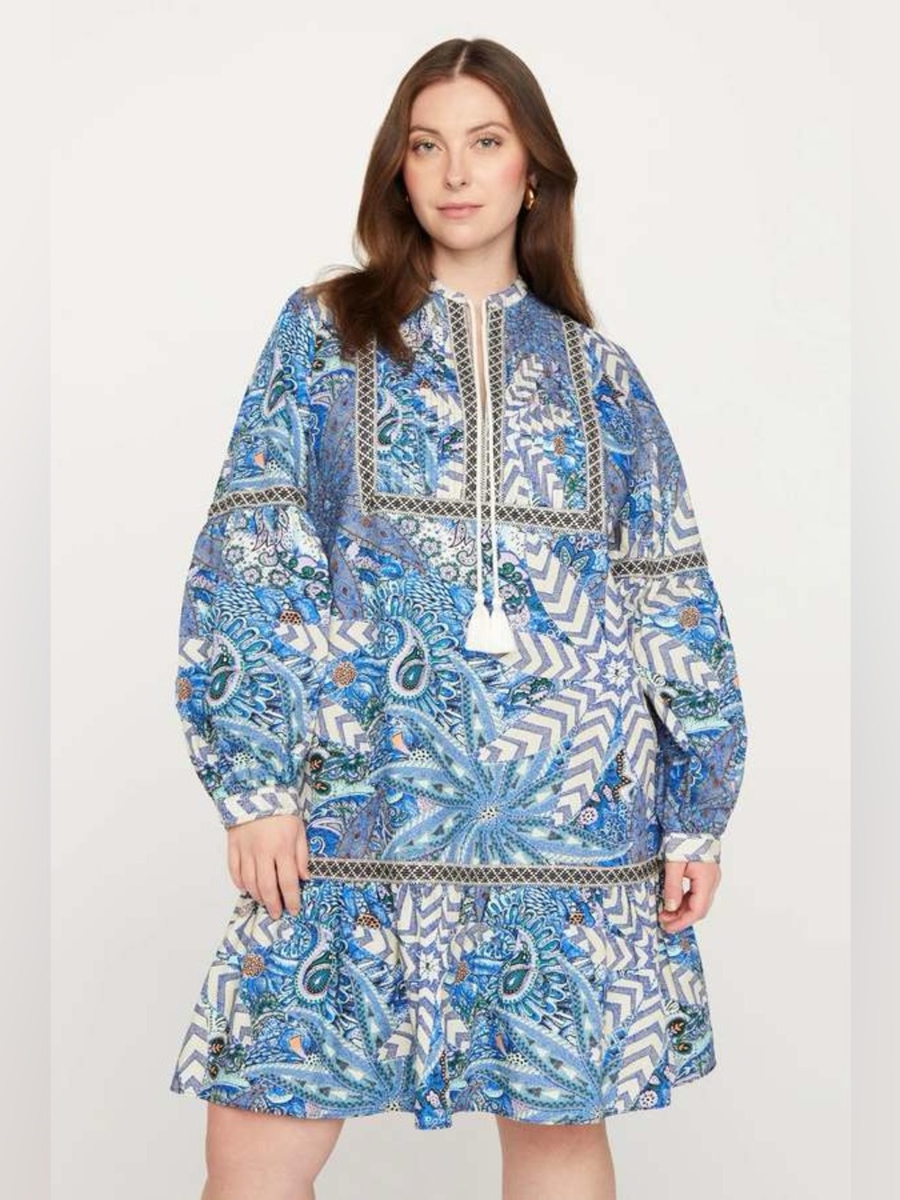 Marie Oliver Mimi Dress 2XL 100% Cotton Long Puff Sleeve Dress Blue Paisley Boho